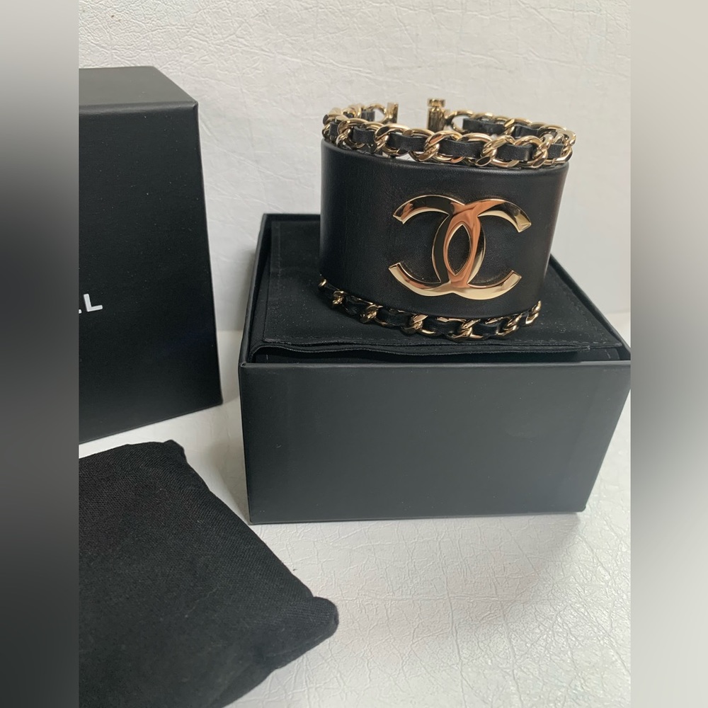CHANEL Black Lambskin Leather Cuff Bracelet Gold Chain Trim